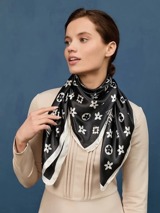 Louis Vuitton Accessories - Louis Vuitton Black Satin Floral Logo Scarf with White Trim